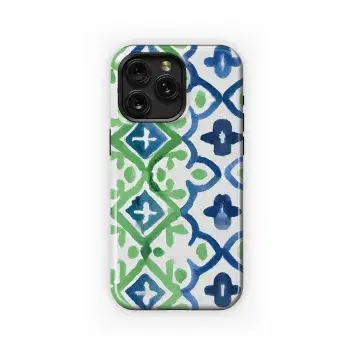 Moroccan Ogee Indigo Green Watercolor Phone Case iPhone Samsung Cover Pixel 2924 - Image 1
