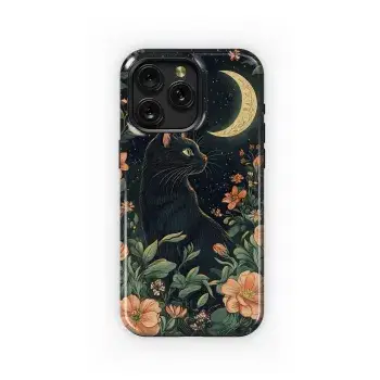 Mystical Night Flower Moon Black Cat Phone Case iPhone Samsung Cover Pixel 3708 - Image 1