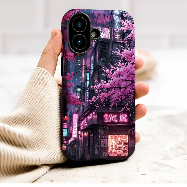 Neon Tokyo Street Cherry Blossom Art Phone Case Cover for iPhone 17 Pro Max 16 15 Plus 14 13 Mini SE Samsung S26 S25 Google Pixel 10 9 10102