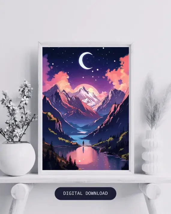 Night Court Print Velaris Acotar Feyre Rhysand Art Court of Thorns & Roses Inspired ACOTAR Digital Print Moon Lake City Mountain Stars Print - Image 1