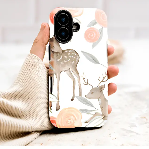 Painterly Deer and Roses Woodland Art Phone Case Cover for iPhone 17 Pro Max 16 15 Plus 14 13 Mini SE Samsung S25 S24 Google Pixel 10 9 9290