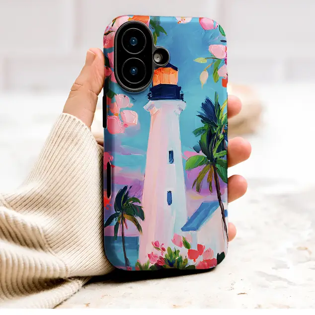 Painterly Lighthouse Art Tropical Seascape with Pink Flowers Phone Case Cover for iPhone 17 Pro Max 16 15 13 Samsung S26 S25 Pixel 9907