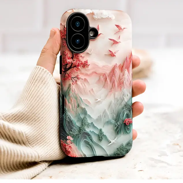 Paper Art Japanese Mountain Scene with Sakura Birds Phone Case Cover for iPhone 17 Pro Max 16 15 13 Samsung S26 S25 Pixel 9723