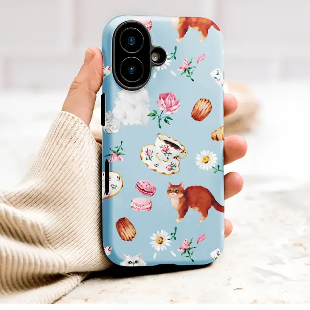Parisian Cat Tea Party Floral Illustration Phone Case Cover for iPhone 17 Pro Max 16 15 Plus 14 13 Mini Samsung S26 S25 Pixel 10 9 9998