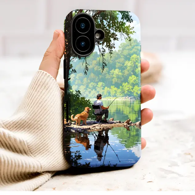 Peaceful Lakeside Fishing Man and Dog Painting Phone Case Cover for iPhone 17 Pro Max 16 15 Plus 14 13 Mini Samsung S25 S24 Pixel 10 9 9164