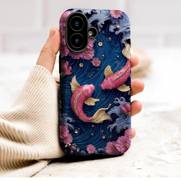 Pink Koi Fish Cherry Blossom Japanese Wave Design Phone Case Cover for iPhone 17 Pro Max 16 15 13 Samsung S25 S24 Pixel 9004
