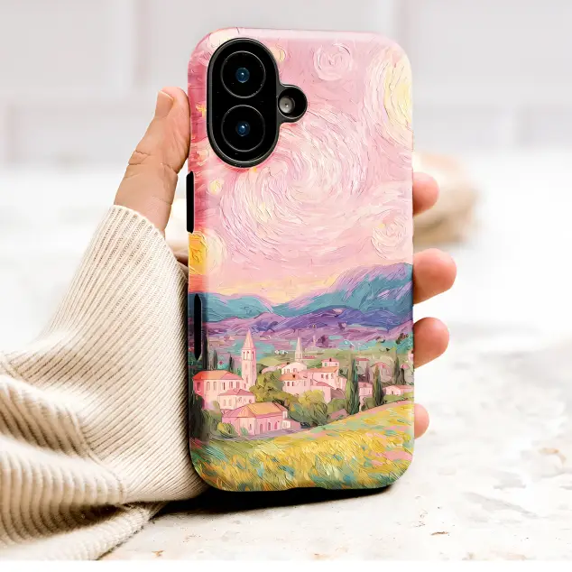 Pink Starry Night Van Gogh Inspired Landscape Art Phone Case Cover for iPhone 17 Pro Max 16 15 13 Samsung S26 S25 Pixel 9589