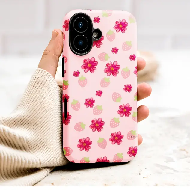 Pink Strawberry Floral Garden Print Phone Case Cover for iPhone 17 Pro Max 16 15 Plus 14 13 Mini SE Samsung S25 S24 Google Pixel 10 9 9024