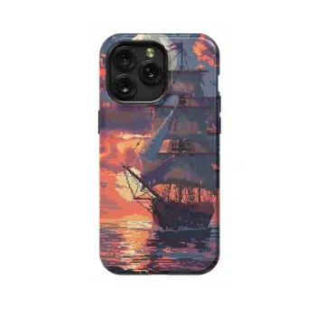Pixel Art Sea Sunset Boat Ship Phone Case iPhone Samsung Cover Pixel 1657 - Image 1