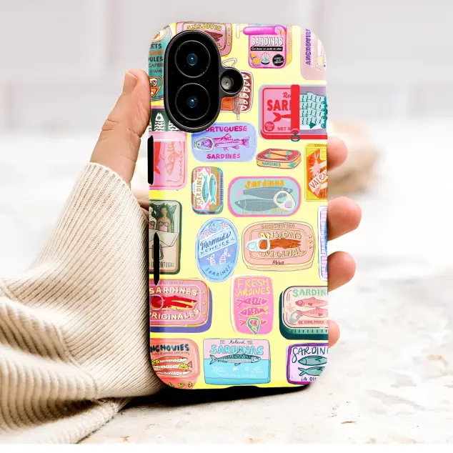 Playful Sardine Can Collage Retro Seafood Design Phone Case Cover for iPhone 17 Pro Max 16 15 13 Samsung S25 S24 Pixel 9302