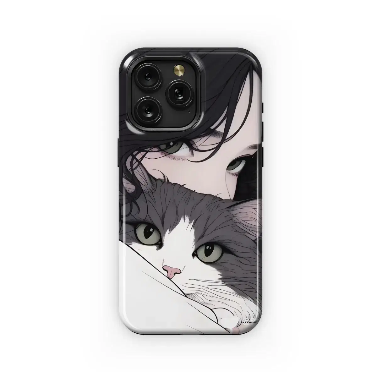 Portrait Black Hair Girl with Grey White Cat Animal Phone Case iPhone Samsung Cover Pixel 1778 - Image 1