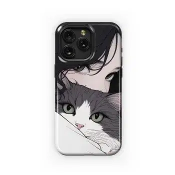 Portrait Black Hair Girl with Grey White Cat Animal Phone Case iPhone Samsung Cover Pixel 1778 - Image 1