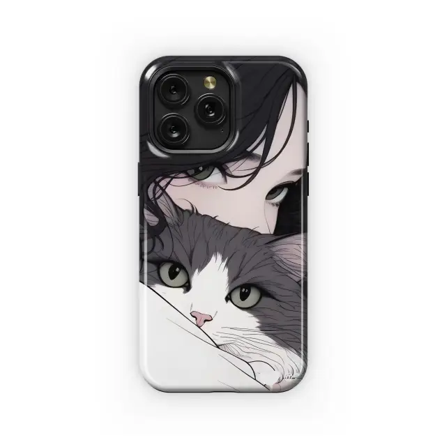 Portrait Black Hair Girl with Grey White Cat Animal Phone Case iPhone Samsung Cover Pixel 1778