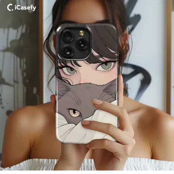 Portrait Brunette Girl with Grey Cat Animal Phone Case iPhone Samsung Cover Pixel 1779 - Image 1