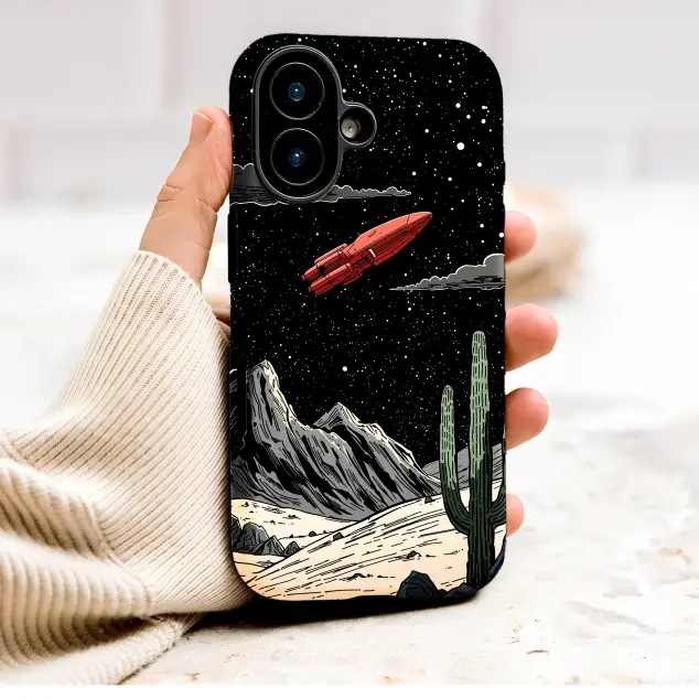 Red Spaceship Comic Art Over Desert Night Sky Phone Case Cover for iPhone 17 Pro Max 16 15 Plus 14 13 Mini Samsung S26 S25 Pixel 10 9 10103