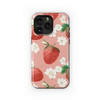 Red Watercolor Strawberries White Flowers Phone Case iPhone Samsung Cover Pixel 3514 - Image 1