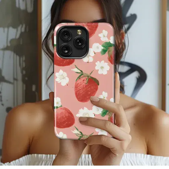 Red Watercolor Strawberries White Flowers Phone Case iPhone Samsung Cover Pixel 3514 - Image 1