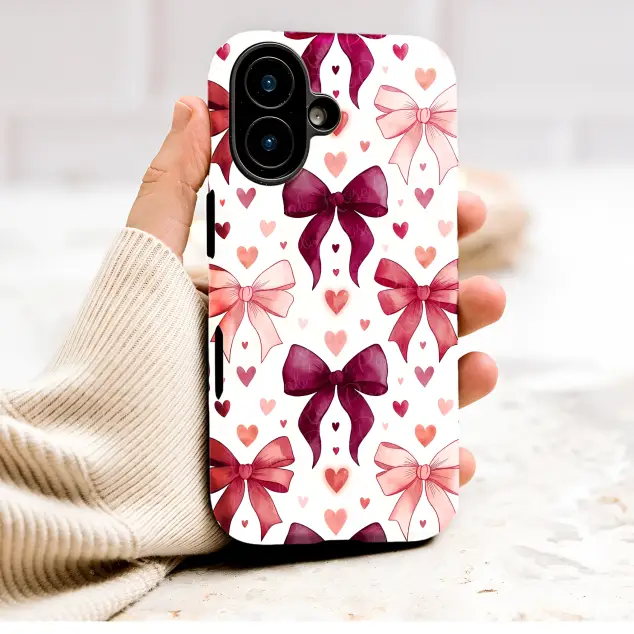 Romantic Watercolor Bows and Hearts Phone Case Cover for iPhone 17 Pro Max 16 15 Plus 14 13 Mini SE Samsung S25 S24 Google Pixel 10 9 9371