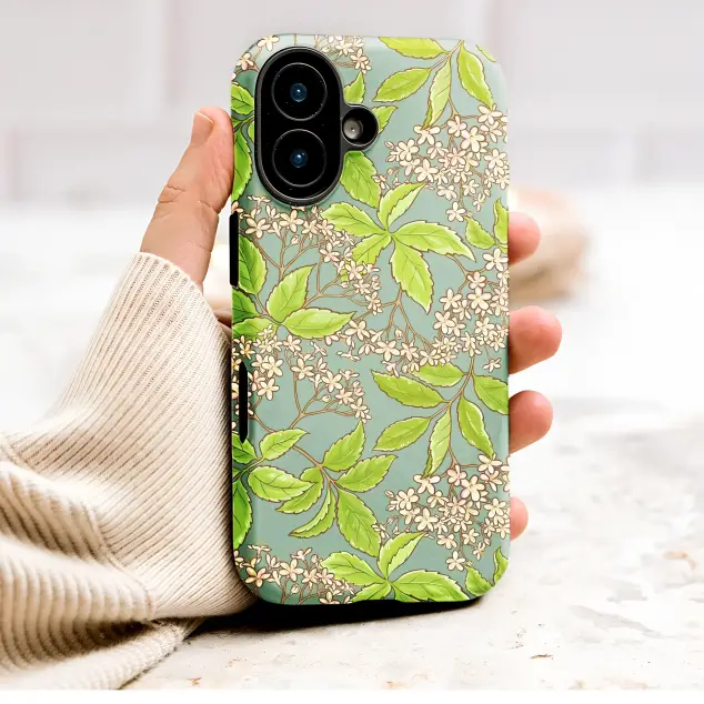 Sage Green Botanical Pattern with White Flowers Phone Case Cover for iPhone 17 Pro Max 16 15 Plus 14 13 Mini Samsung S26 S25 Pixel 10 9 9785