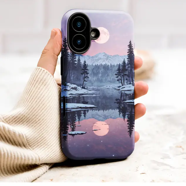 Serene Winter Moon Snowy Mountain Lake Reflection Art Phone Case Cover for iPhone 17 Pro Max 16 15 13 Samsung S25 S24 Pixel 9369