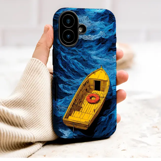 Solitary Yellow Boat on Stylized Blue Sea Illustration Phone Case Cover for iPhone 17 Pro Max 16 15 13 Samsung S26 S25 Pixel 9639