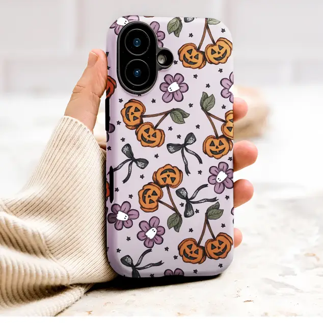Spooky Cherry Pumpkin and Ghost Flower Pattern Phone Case Cover for iPhone 17 Pro Max 16 15 Plus 14 13 Mini Samsung S26 S25 Pixel 10 9 10001