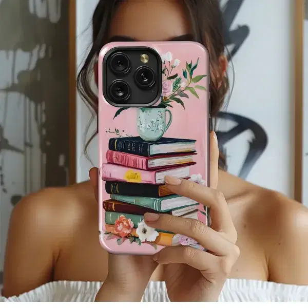 Stacked Books, Reading Girl Phone Case iPhone Samsung Cover Pixel 5041 - Image 1