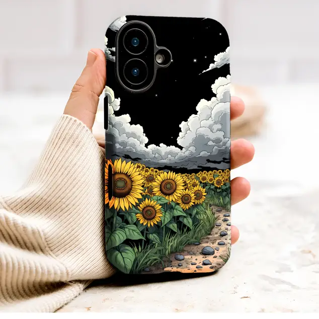 Starry Night Sunflower Field Comic Illustration Phone Case Cover for iPhone 17 Pro Max 16 15 Plus 14 13 Mini Samsung S26 S25 Pixel 10 9 9985
