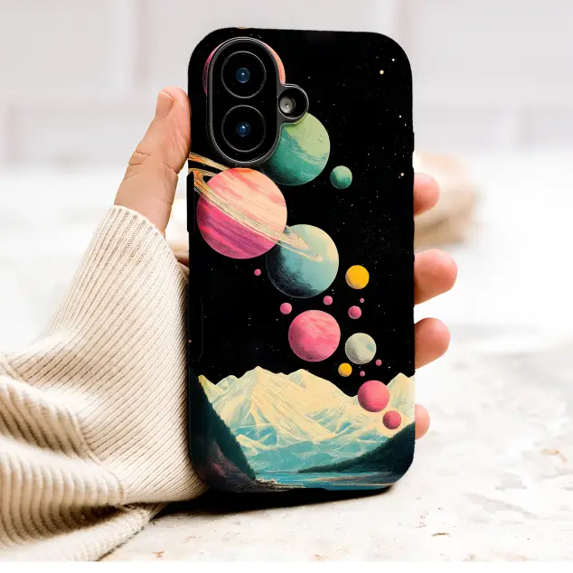 Surreal Planets Over Mountain Fjord Vintage SciFi Art Phone Case Cover for iPhone 17 Pro Max 16 15 13 Samsung S26 S25 Pixel 9986