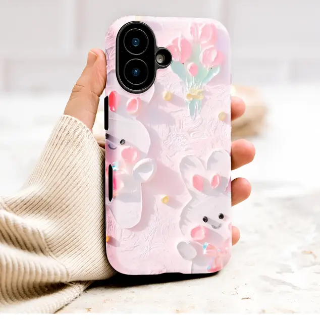 Textured 3D Bunny Rabbit Art Kawaii Pink Tulip Floral Design Phone Case Cover for iPhone 17 Pro Max 16 15 13 Samsung S26 S25 Pixel 9732