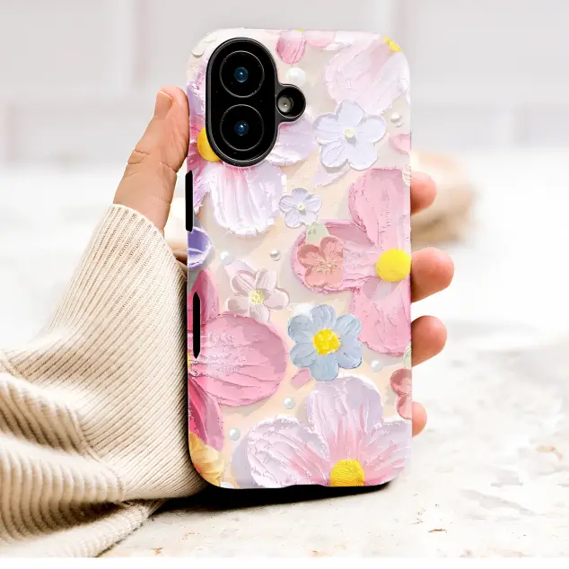 Textured 3D Pastel Floral Impasto Art with Pearls Phone Case Cover for iPhone 17 Pro Max 16 15 13 Samsung S26 S25 Pixel 9725