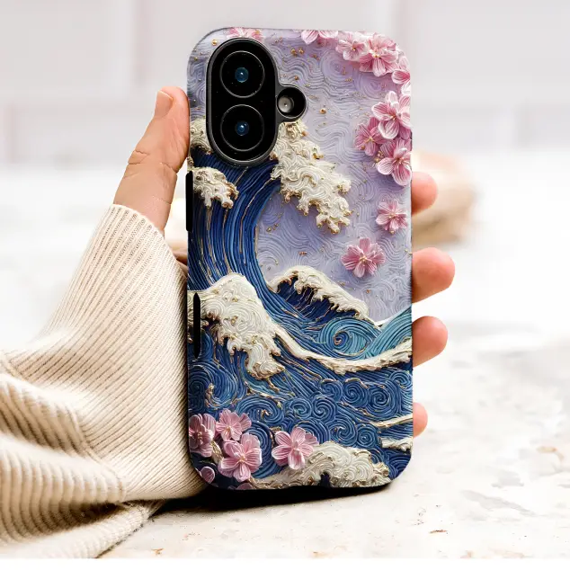 Textured Great Wave with Sakura Blossom Gold Accents Phone Case Cover for iPhone 17 Pro Max 16 15 13 Samsung S25 S24 Pixel 9003