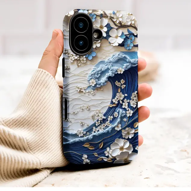Textured Japanese Wave Floral 3D Art Phone Case Cover for iPhone 17 Pro Max 16 15 Plus 14 13 Mini SE Samsung S25 S24 Google Pixel 10 9 9005