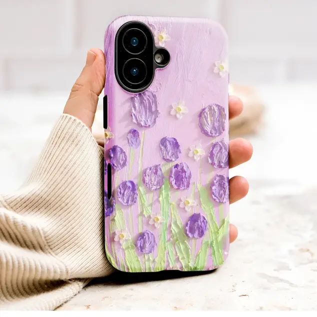 Textured Lavender Floral Impasto Art Design Phone Case Cover for iPhone 17 Pro Max 16 15 Plus 14 13 Mini Samsung S26 S25 Pixel 10 9 9733