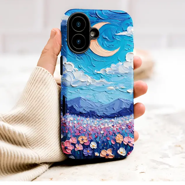 Textured Night Sky Floral Meadow Crescent Moon Art Phone Case Cover for iPhone 17 Pro Max 16 15 13 Samsung S26 S25 Pixel 9728
