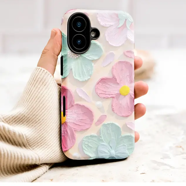 Textured Pastel Floral Design with 3D Pearls and Bows Phone Case Cover for iPhone 17 Pro Max 16 15 13 Samsung S26 S25 Pixel 9731