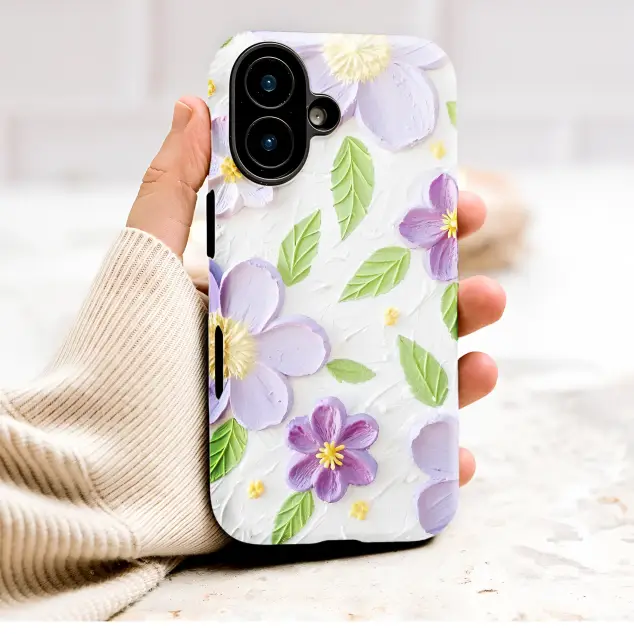 Textured Purple Floral Impasto Art Design Phone Case Cover for iPhone 17 Pro Max 16 15 Plus 14 13 Mini Samsung S26 S25 Pixel 10 9 9730