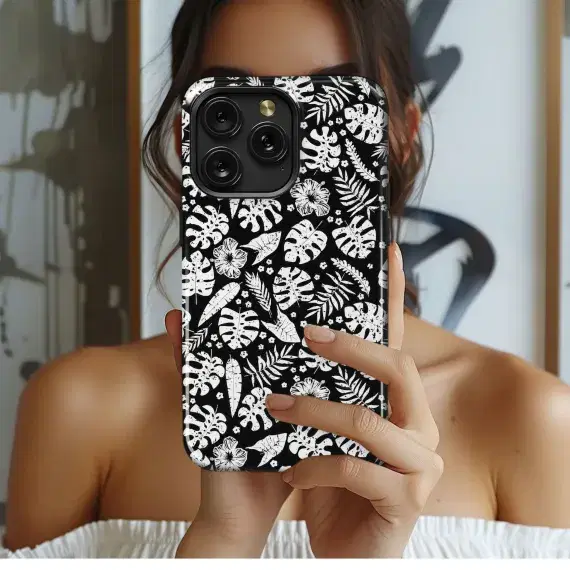 Tropical Black White Leaf Flower Phone Case iPhone Samsung Cover Pixel 5315 - Image 1