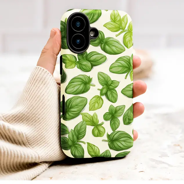 Vibrant Basil Leaf Herbal Illustration Phone Case Cover for iPhone 17 Pro Max 16 15 Plus 14 13 Mini Samsung S26 S25 Google Pixel 10 9 9787