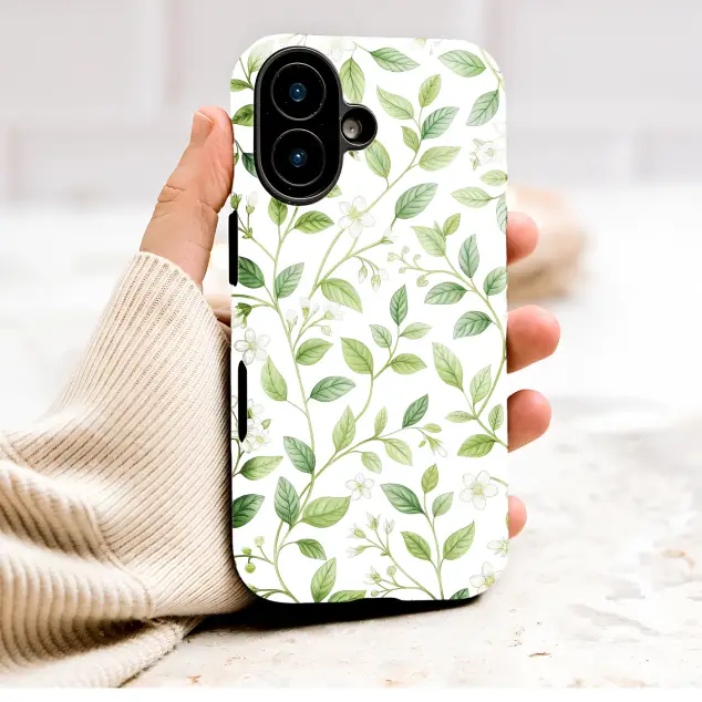 Vintage Botanical Greenery White Floral Vine Pattern Phone Case Cover for iPhone 17 Pro Max 16 15 13 Samsung S26 S25 Pixel 9781