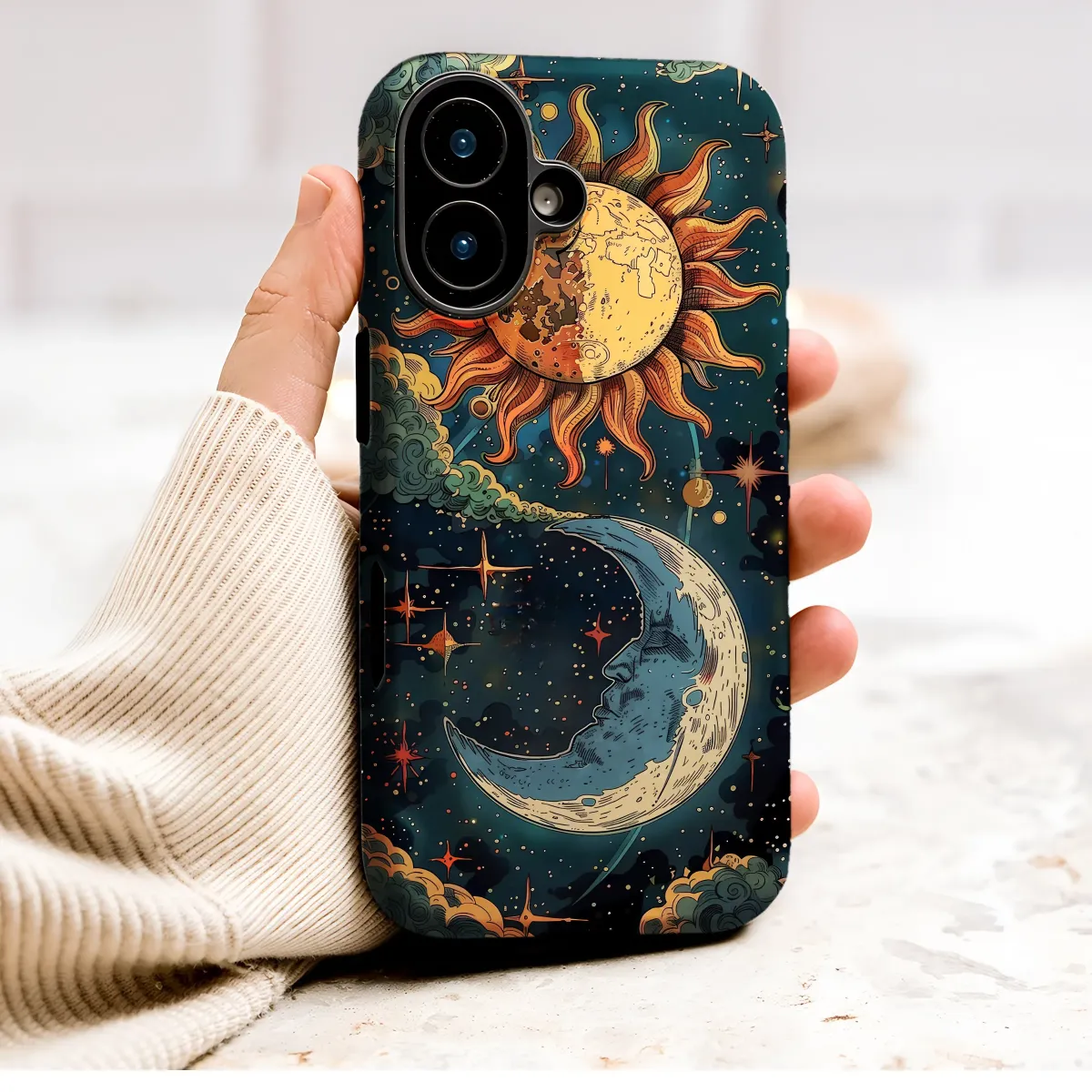 Vintage Celestial Sun and Moon Starry Night Art Phone Case Cover for iPhone 17 Pro Max 16 15 Plus 14 13 Mini Samsung S26 S25 Pixel 10 9 9494 - Image 1