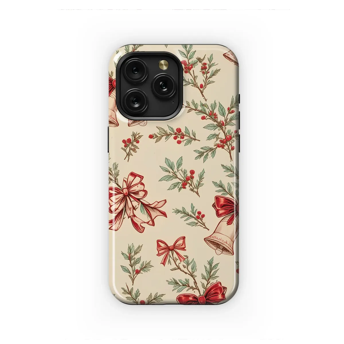 Vintage Christmas Bells and Holly Botanical Illustration Phone Case Cover for iPhone 17 Pro Max 16 15 13 Samsung S25 S24 Pixel 8574 - Image 1