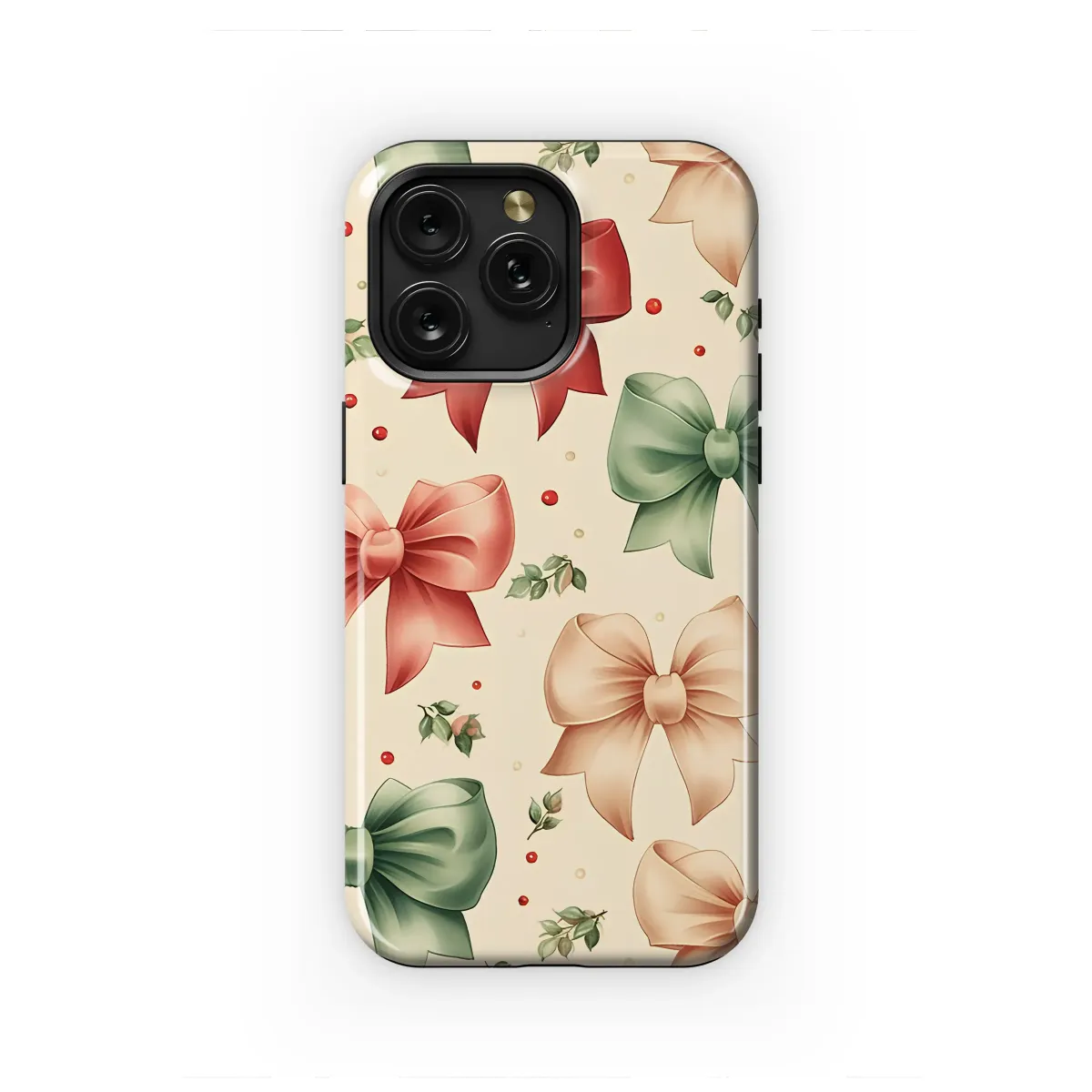 Vintage Christmas Bow and Holly Berry Pattern Phone Case Cover for iPhone 17 Pro Max 16 15 Plus 14 13 Mini Samsung S25 S24 Pixel 10 9 8354 - Image 1
