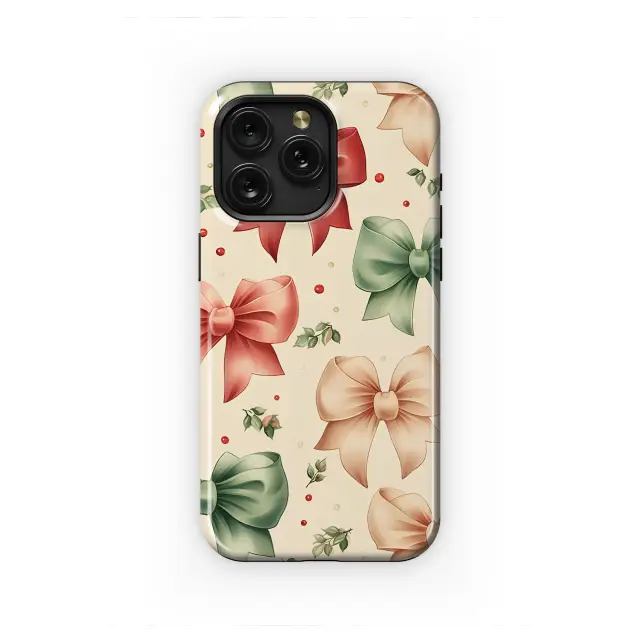 Vintage Christmas Bow and Holly Berry Pattern Phone Case Cover for iPhone 17 Pro Max 16 15 Plus 14 13 Mini Samsung S25 S24 Pixel 10 9 8354