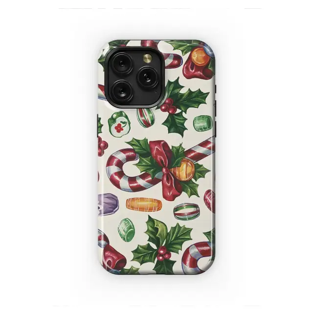 Vintage Christmas Candy Cane and Holly Berry Pattern Phone Case Cover for iPhone 17 Pro Max 16 15 13 Samsung S25 S24 Pixel 8642