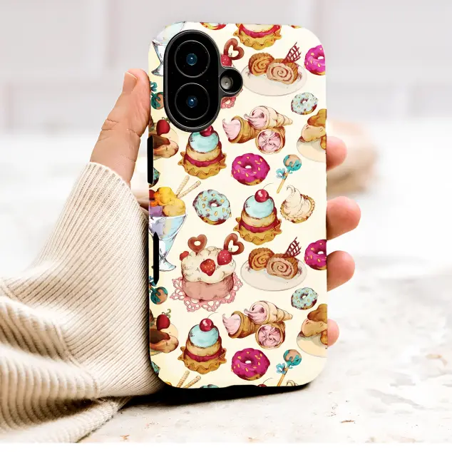 Vintage Dessert Illustration Sweet Treats Pastry Pattern Phone Case Cover for iPhone 17 Pro Max 16 15 13 Samsung S26 S25 Pixel 9806