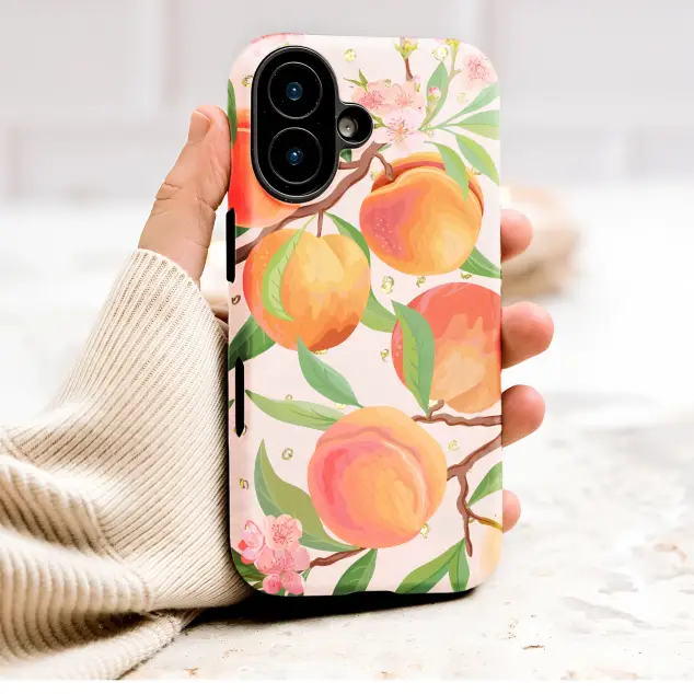 Vintage Peach Blossom Fruit Illustration with Gold Accents Phone Case Cover for iPhone 17 Pro Max 16 15 13 Samsung S26 S25 Pixel 9752