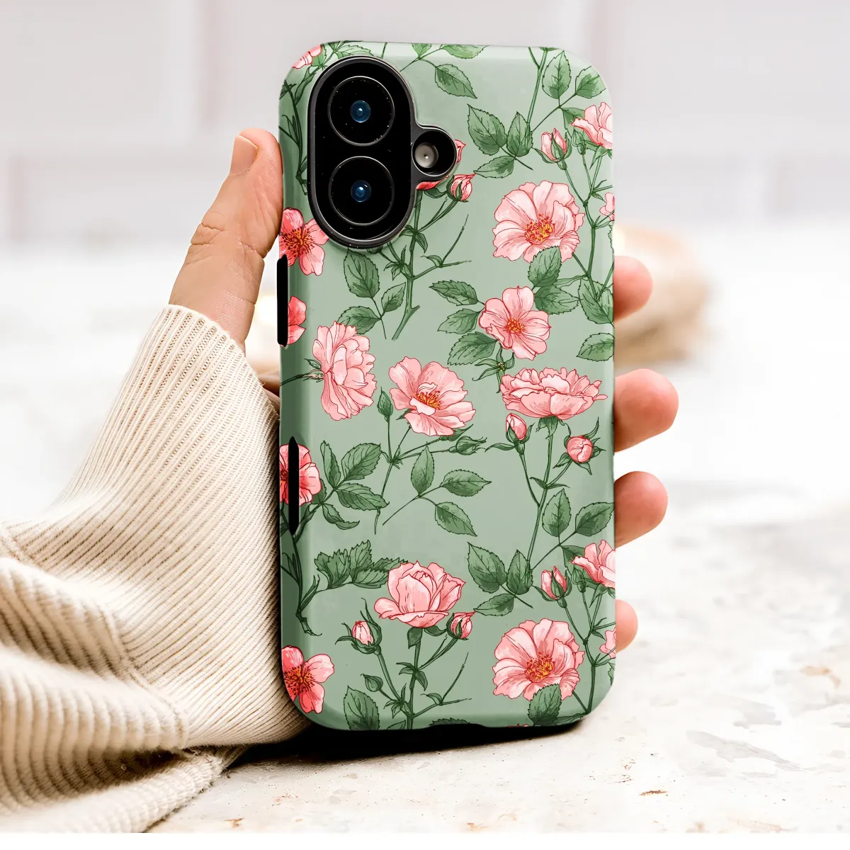 Vintage Pink Rose Botanical Illustration on Sage Green Phone Case Cover for iPhone 17 Pro Max 16 15 13 Samsung S25 S24 Pixel 9266 - Image 1