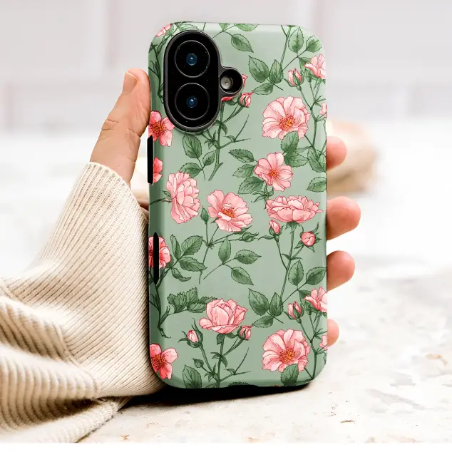 Vintage Pink Rose Botanical Illustration on Sage Green Phone Case Cover for iPhone 17 Pro Max 16 15 13 Samsung S25 S24 Pixel 9266