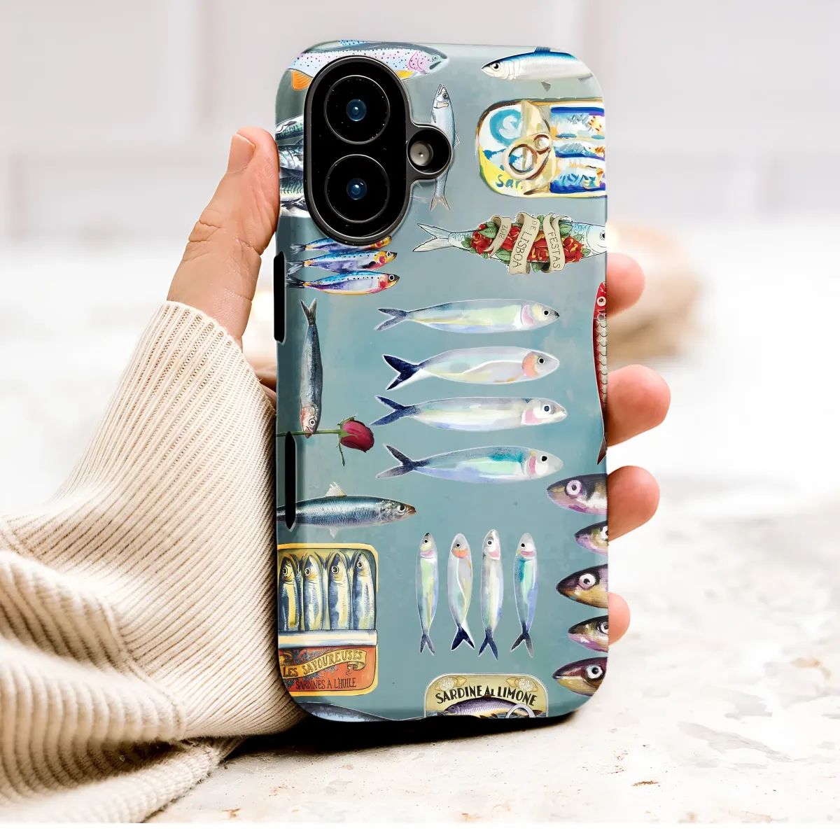 Vintage Sardine Collage Fish Illustration Art Phone Case Cover for iPhone 17 Pro Max 16 15 Plus 14 13 Mini Samsung S25 S24 Pixel 10 9 9202 - Image 1